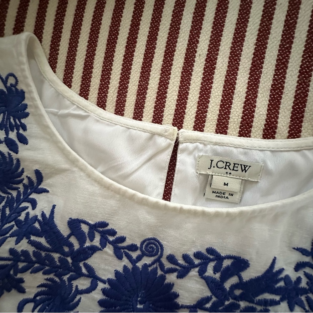 J.Crew Embroidered Dress Sz M White Blue Linen Cotton Lined - Picture 14 of 16